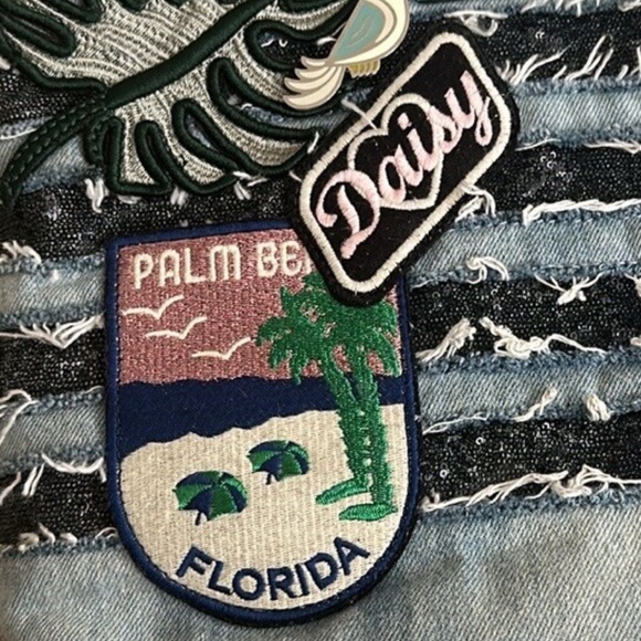 Marc Jacobs Wingman Striped Denim Tote Bag Sequined Tropical Patche - Picture 4 of 8